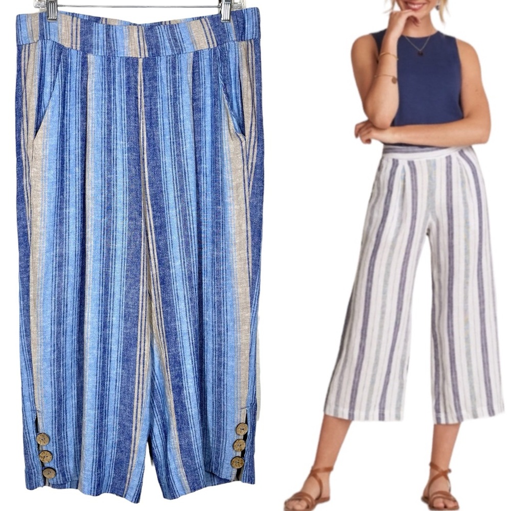 Striped Blue Linen-Blend Cropped Wide-Leg Capris